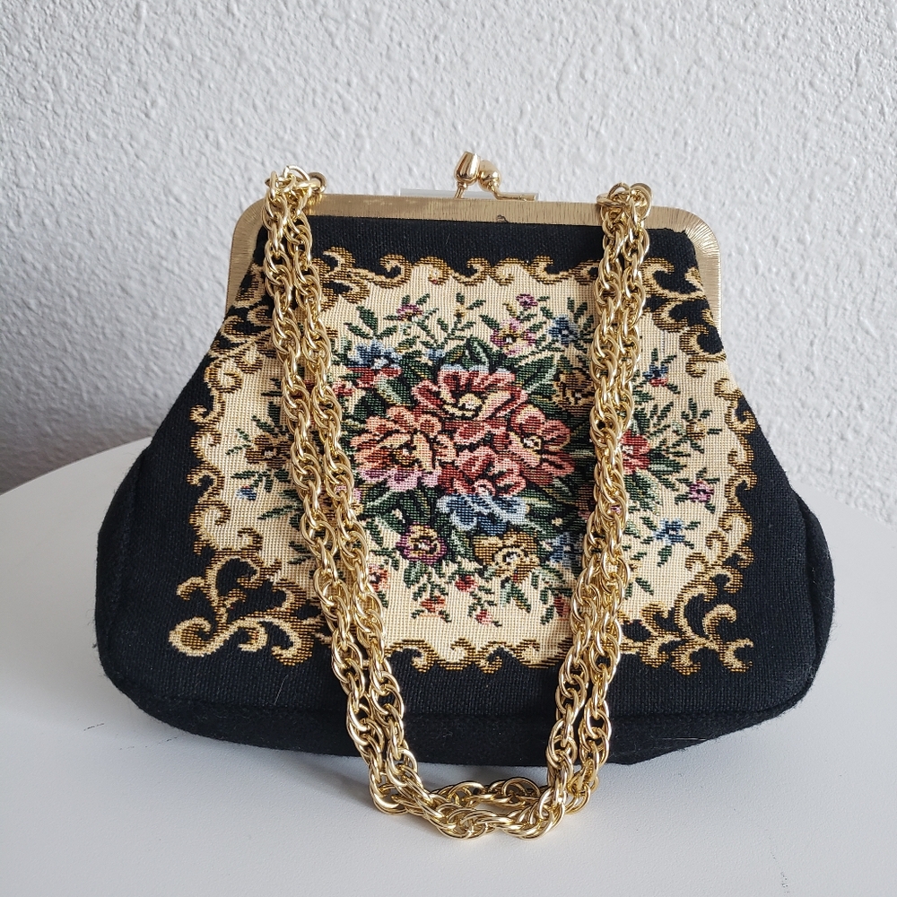 Vintage Made In Japan Tapestry Clutch Shoulder Bag Gold Hsrdware Chain Strap Bag